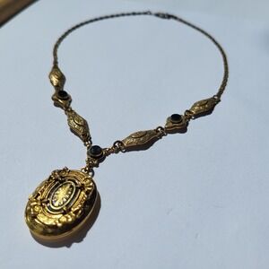 Vintage Ornate Gold Filled Over Brass Oval Locket Necklace Black Enamel Sunburst